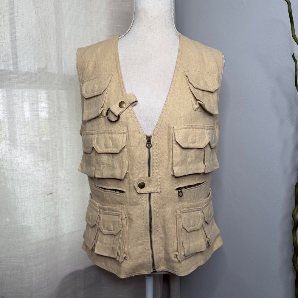 Ralph‎ Lauren Utility Field Safari Vest Linen Cargo Natural Pockets Women's 12